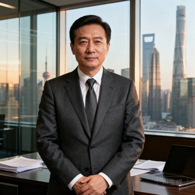 一位45岁左右的亚洲男性金融高管正面半身照，身着深灰色定制西装，背景为上海陆家嘴金融区办公室，表情沉稳而自信，眼神中透露出专业气质。